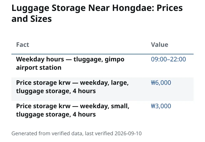 Luggage Storage Near Hongdae: Prices and Sizes. Weekday hours — tluggage, gimpo airport station: 09:00–22:00. Price storage krw — weekday, large, tluggage storage, 4 hours: ₩6,000. Price storage krw — weekday, small, tluggage storage, 4 hours: ₩3,000.